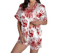 Generisch Women's Short Pyjamas with Scary Motif, Two Piece Pyjamas with Bloody Handprints, Eye-catching Horror Sleepwear for Halloween, Style_g01 Multicolor, XL