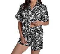 Generisch Women's Short Pyjamas with Skull Damask - Two Piece Pyjamas in Gothic Baroque Style | Black and White Sleepwear for a Dark Look, style_j01 multicolor, M