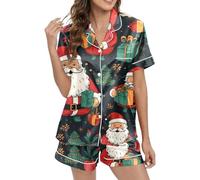 Generisch Women's Short Sleeve Pyjama Set Live Vibe Printed Silk Satin with Comfortable Fit for Restful Sleeping Comfort Stylish Casual Fashion, Army Green, XXL