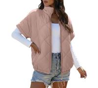Generisch Women's Short Sleeve Quilted Vest with Stand-Up Collar, Lightweight Puffer Vest with Diamond Quilting, Sleeveless Jacket for Transitional Period, style_h08 pink, L