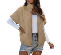 Generisch Women's Short Sleeve Quilted Vest with Stand-Up Collar, Lightweight Puffer Vest with Diamond Quilting, Sleeveless Jacket for Transitional Period, style_h06 khaki, XL