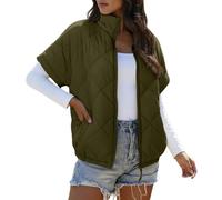 Generisch Women's Short Sleeve Quilted Vest with Stand-Up Collar, Lightweight Puffer Vest with Diamond Quilting, Sleeveless Jacket for Transitional Period, Style_h01 Army Green, XXL