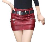 Generisch Women's Skirt PU Leather Skirts High Waist Decorative Pleated Zip Stretch Pencil Skirt Elegant Look Business Fashion Mini Skirt Women's Sexy, B Red, XL