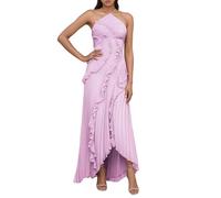 Generisch Women's Sleeveless Dress with Neck Band Plain Chiffon Dress Elegant Maxi Dress with Ruffle Trim Wrap Design Side Slit Fashionable Summer Evening Dress Cocktail Dress, Purple, L