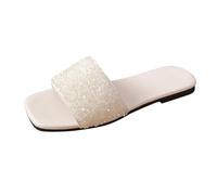 Generisch Women's Slippers, Leather Sole, Plain Flat Non-Slip, Flat Slippers for Women in Plain, Square Toe Shoes, Waterproof Beach Shoes, White, 6 UK