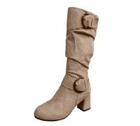 Generisch Women's Solid Winter Thick Sole Square Heels Zip Mid Booties Round Toe Shoes, khaki, 8 UK
