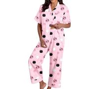 Generisch Women's Spooky Cat Everyday is Halloween Long Pyjama Set White Flannel Shine Glow-in-The-Dark Pumpkin Spooky Pjs Women Halloween Vest Pyjamas Set Spooky Pyjamas Women, Pajamas B5-Pink, S