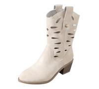 Generisch Women's Spring and Winter Hollow Western Cowboy Boots with Thick Heel Tapered Toe Retro V-Neck Boots with Medium Calf Shoes Black Women's Patent, White, 4 UK