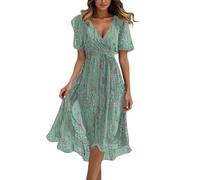 Generisch Women's Spring V-Neck Floral Print Loose Casual Long Shoulder Sleeves Short Sleeve Dress Airy Summer Dress Women's Knee-Length, Gn2, L