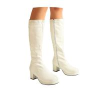 Generisch Women's Square Toe Side Zip Block Heel Knee High Shaft Winter Boots - Elegant Mid-Calf Boots in Simple Design for Casual, White, 13 UK