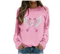 Generisch Women's Statement Sweatshirt with Pink Ribbon - Jumper with Breast Cancer Bow and Angel Wings | Long Sleeve Shirt for Support and as a Sign of Hope, Style J09 Pink, L