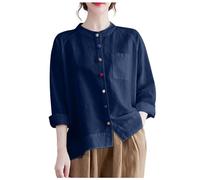 Generisch Women's Summer Blouse, Long Sleeve, Plain Women's Shirt with Colour Buttons, Loose Retro Art Shirt, Traditional Blouse, Women's Modern, navy, M