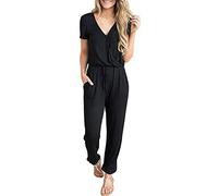 Generisch Women's Summer Casual Deep V-Neck Short Sleeve Wrap Drawstring Waist Jumpsuit Romper, black, S