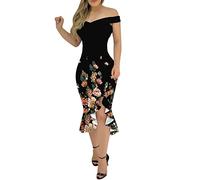 Generisch Women's Summer Fashion Off Shoulder V-Neck Mesh Embroidered Dress Elegant Cocktail Party Night Club Dresses Slim Dress, Hot Pink, M
