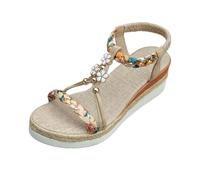 Generisch Women's Summer Flat Sandals Bohemia Sandals with Rhinestone Beads Leisure Beach Shoes Orthopaedic Sandals Casual Elastic Flip Flops Braided, beige, 9 UK