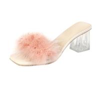 Generisch Women's Summer Large Size Casual Pure Colour Hair Sandals Outerwear Crystal Heel High Heel Block Heel Square Beach Slippers Sandals, pink, 7 UK
