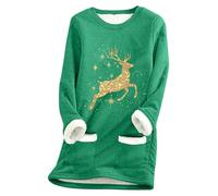 Generisch Women's Sweatshirt Dress with Gold Reindeer Motif - Cuddly Tunic Dress with Sherpa Lining Details | Festive Long Sleeve Top for the Christmas Season, Style_g02 Green, S