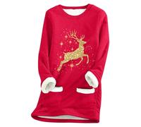 Generisch Women's Sweatshirt Dress with Gold Reindeer Motif - Cuddly Tunic Dress with Sherpa Lining Details | Festive Long Sleeve Top for the Christmas Season, Style_g06 Red, XL