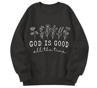 Generisch Women's Sweatshirt God is Good Lettering Black Crew Neck Pullover with Floral Statement Print Expressive Look for Everyday and Leisure, style_n01 black, M
