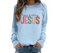 Generisch Women's Sweatshirt 'Happy Birthday Jesus' - Christmas Jumper with Colourful Lettering | Casual Long Sleeve Shirt for the Festive Season, style_b03 blue, L