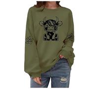 Generisch Women's Sweatshirt with Cute Highland Cow Motif, Casual Pullover with Animal Print, Comfortable Top for a Charming Everyday Look, style_k01 army green, M