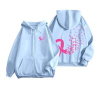 Generisch Women's Sweatshirt with Zip, Pocket Drawstring for Everyday Use Breast Cancer Awareness Print Basic Pullover Sweatshirt Teenager, sky blue, XL
