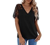 Generisch Women's Temperament Lace Short Sleeve Loose Plain Top Window Lighting Spring, black, XL
