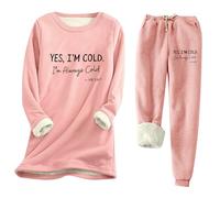 Generisch Women's Thermal Leisure Suit with Yes, I'm Cold Print - Two Piece Set with Teddy Fleece Lining | Cuddly Winter Leisure Suit, style_q05 pink, M