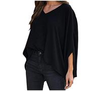 Generisch Women's Three Quarter Sleeve V-Neck Bat Blouse Pullover Tops Top, black, XL