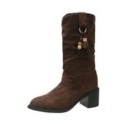 Generisch Women's Tight Shaft Half Sheep Boots Slip-On Knee-High Boots Lace Chunky Heel Suede Boots Pleated Slippers Boots with Buckle Straps Retro Boots for Outdoor Warmth, coffee, 2/2.5 UK