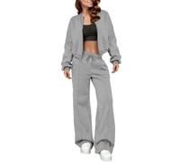 Generisch Women's Tracksuit, Jacket with Zip and Jogging Bottoms, 2 Pieces, Clothing Set, Leisure Suit without Hood, Warm Winter Loungewear, Plain Cardigan and Jogging Bottoms, Cuddly Tracksuit, gray