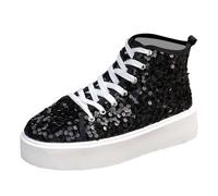 Generisch Women's Trainers Sequins Glitter Shoes Half Height Platform Women's Shoes Thick Sole 80s Disco Carnival Trainers Non-Slip Unusual Lace-Up Shoes Glitter Boots, black, 7 UK