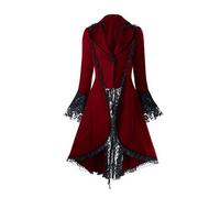 Generisch Women's Tuxedo Jacket Tailcoat Gothic Coat with Lace, Women Long Sleeve Vintage Medieval Jacket Uniform Women's Tuxedo Jacket with Lace Patchwork for Women, red, 18