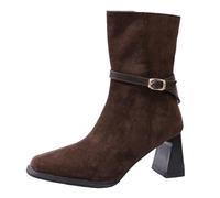 Generisch Women's Velvet Textured Square Toe Ruched Heel Side Zip Boots - Elegant Mid-Calf Boots for Everyday Wear, brown, 7 UK