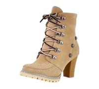 Generisch Women's Victorian Boots, Short Shaft Ankle Boots, Lace-Up Ankle Boots for Women, Side Zip, Block, Chunky Mid Heel, yellow, 4 UK