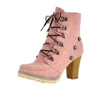 Generisch Women's Victorian Boots, Short Shaft Ankle Boots, Lace-Up Ankle Boots for Women, Side Zip, Block, Chunky Mid Heel, pink, 7 UK