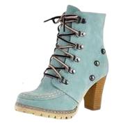 Generisch Women's Victorian Boots, Short Shaft Ankle Boots, Lace-Up Ankle Boots for Women, Side Zip, Block, Chunky Mid Heel, blue, 8.5 UK