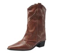 Generisch Women's Vintage Rivet Cuffed Western Boots Pointed Toe Fold Over Cowboy Boots Pull On with Block Heel Profile Sole Ankle Boots Shaft Boots with Heel Slip Shoe Mid Calf Boots, brown, 8 UK