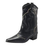 Generisch Women's Vintage Rivet Cuffed Western Boots Pointed Toe Fold Over Cowboy Boots Pull On with Block Heel Profile Sole Ankle Boots Shaft Boots with Heel Slip Shoe Mid Calf Boots, black, 5 UK