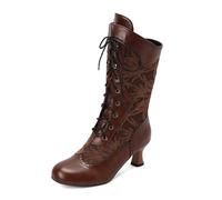 Generisch Women's Vintage Solid Colour Victorian Laces Steampunk Ankle with Heel Goth Heel Cowboy Boots Western Boots Ankle Boots with Block Heel, brown, 5.5 UK