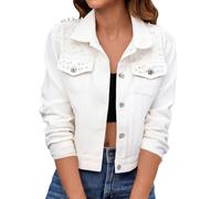 Generisch Women's washed denim jacket, short with pearl embroidery, rhinestone details, fashionable trucker jacket in casual style for various occasions, White, M