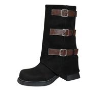 Generisch Women's Western Boots Mid Height Boots with Folding Buckle Moto Biker Boots Buckle Round Toe Pull On Chunky Low Heel Slip On Boots Transition Boots, black, 4 UK