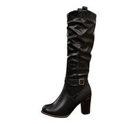 Generisch Women's Western Boots with Block Heel, Round Cap, Middle Shaft Boots, Pleated Design, Warm Wellington Boots with Non-Slip Sole, Women's Ankle Boots with Heel, Elegant Pointed Women's Boots