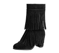 Generisch Women's Winter Boots, Europe the United States Foreign Trade Thick Women's Boots with High Heel, Tassel, Side Zip, Round, Medium Calf Boots, black, 8.5 UK