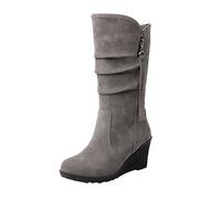 Generisch Women's Winter Boots, Lined PU Leather Wide Shaft Boots with Wedge Heel, Cowboy Boots with Decorative Zip, Slip-On Boots, Fashionable Mid Tube Boots, Flock Winter Boots, Warm Western Boots