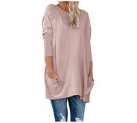 Generisch Women's Winter Comfortable O-Neck Sweatshirts Long Sleeve Pocket Colour Loose Jumper Top Blouse 3/4 Sleeve Shirt Women, pink, L