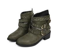 Generisch Women's Winter Fashion Leather Ankle Boots with Buckle and Side Zip Laces Quick Lacing System Black, Army Green, 7 UK