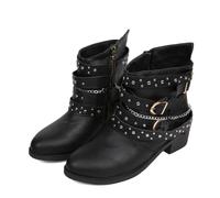 Generisch Women's Winter Fashion Leather Ankle Boots with Buckle and Side Zip Laces Quick Lacing System Black, black, 6 UK