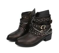 Generisch Women's Winter Fashion Leather Ankle Boots with Buckle and Side Zip Laces Quick Lacing System Black, bronze, 5 UK