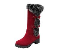 Generisch Women's Winter Fashion Warm Fur Boots with Belt Buckle Thick Soles Medium Calf Height Robust Block Heel for Cold Days, red, 5 UK